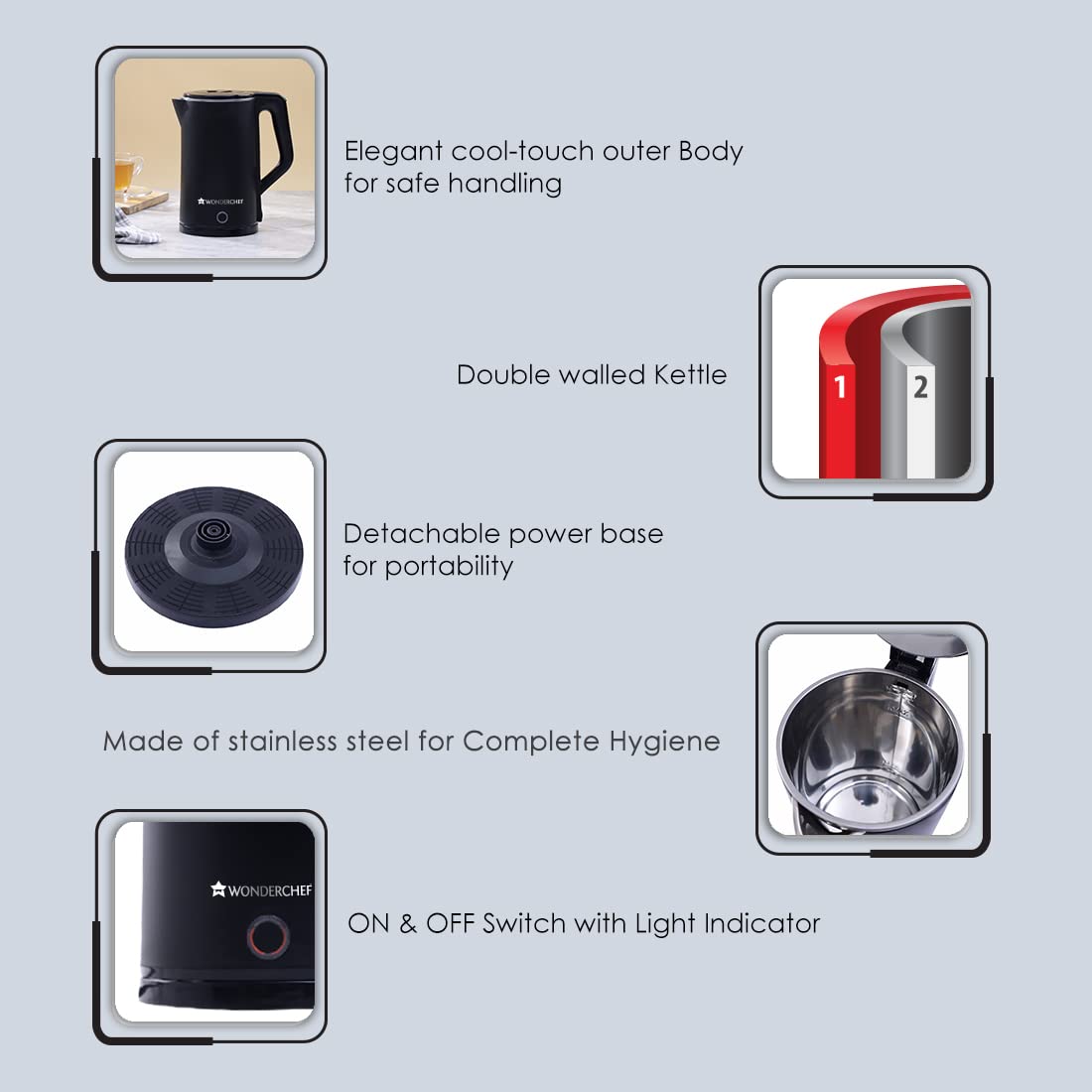 Cool-Touch Electric Kettle | 1.8L Capacity | 1300W | Double Walled Stainless Steel | Auto Shut-Off | Black | 1 Year Warranty