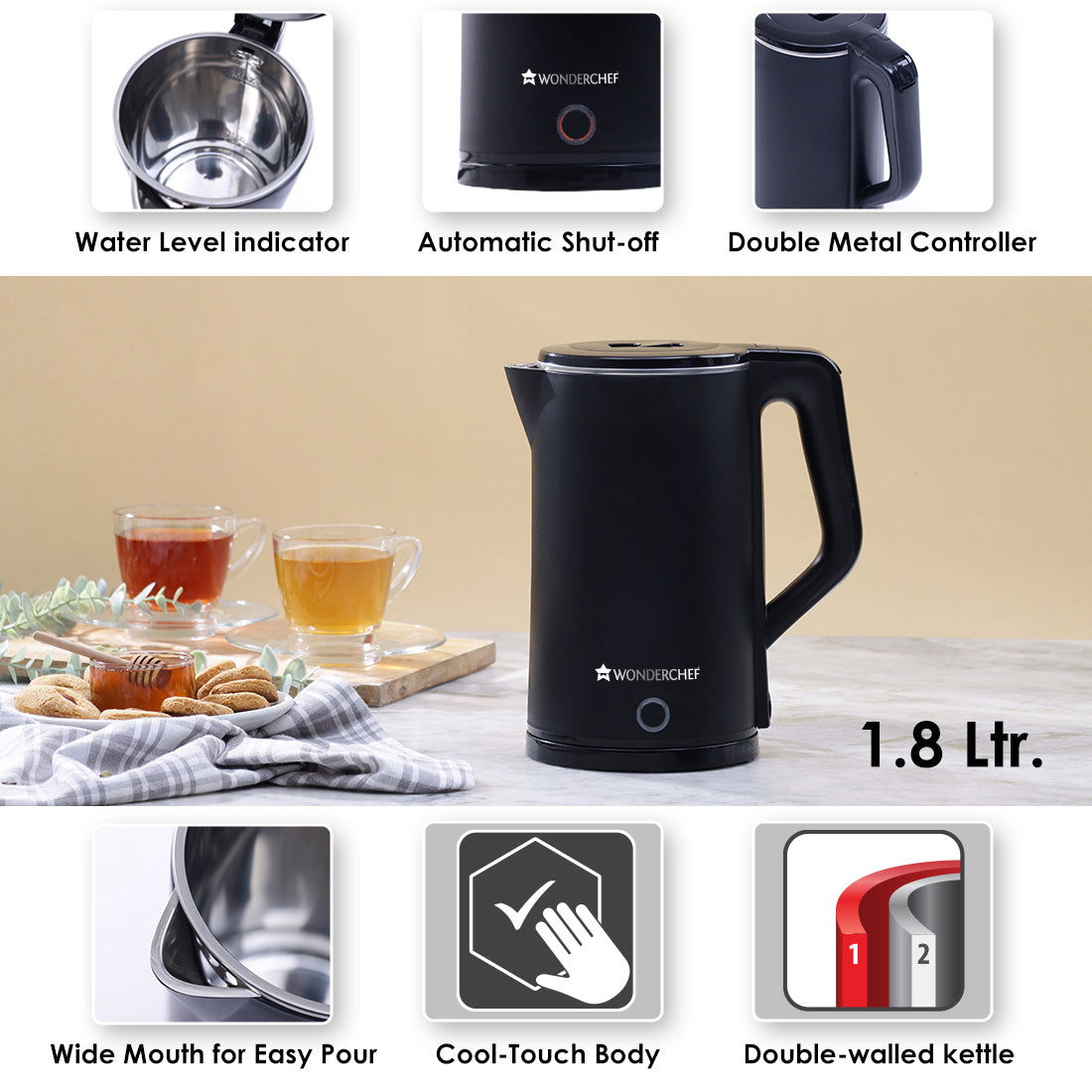 Cool-Touch Electric Kettle | 1.8L Capacity | 1300W | Double Walled Stainless Steel | Auto Shut-Off | Black | 1 Year Warranty
