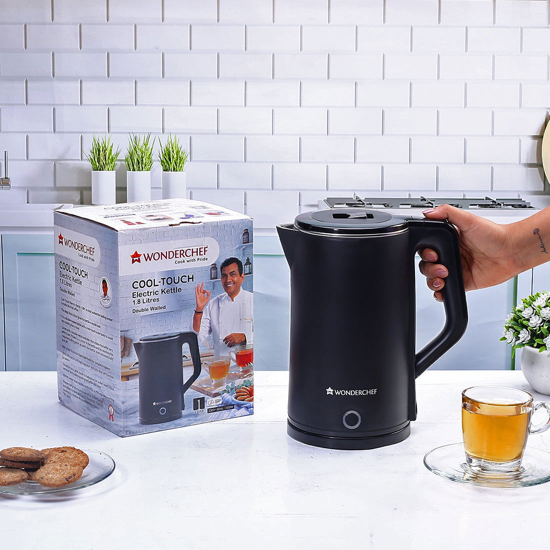 Cool-Touch Electric Kettle | 1.8L Capacity | 1300W | Double Walled Stainless Steel | Auto Shut-Off | Black | 1 Year Warranty