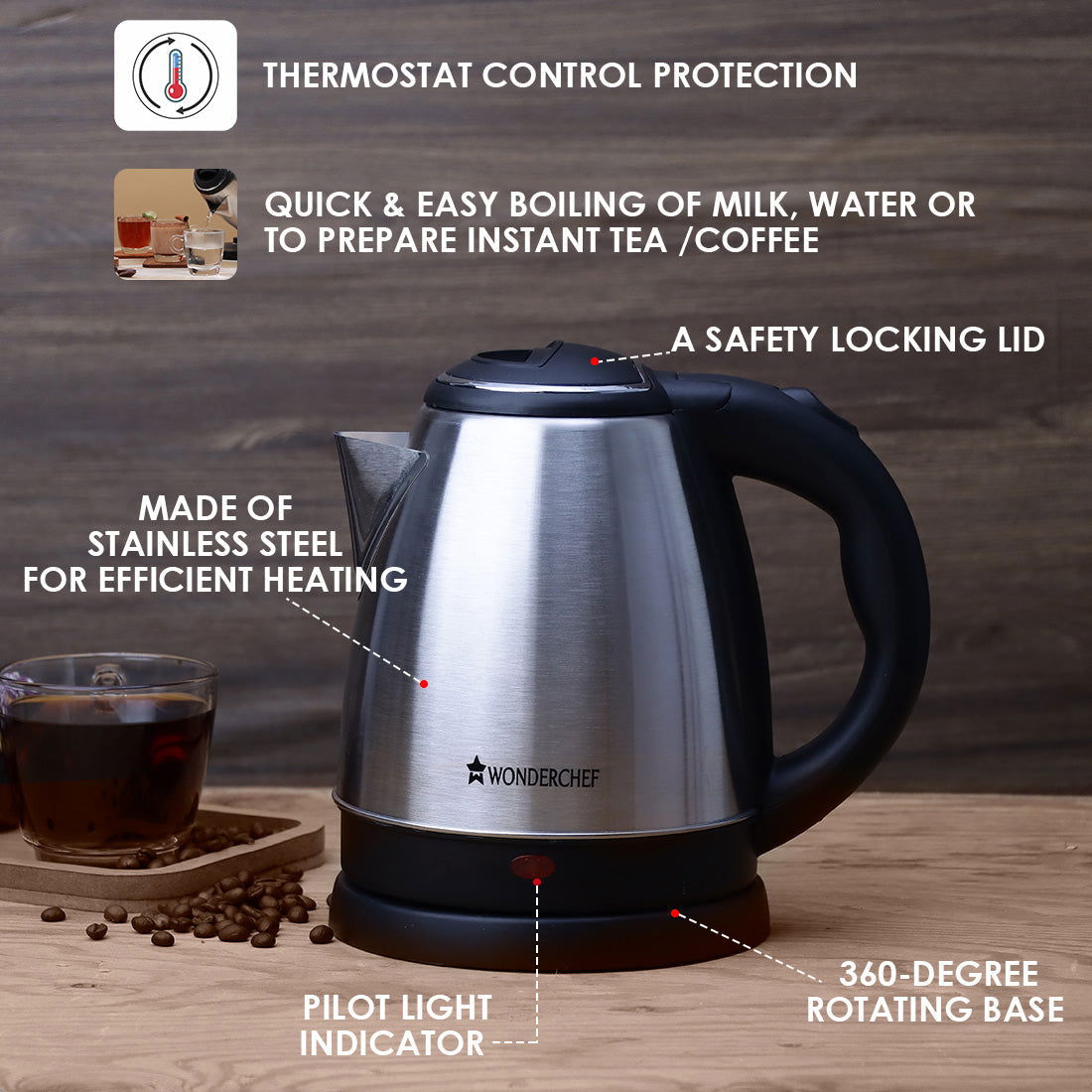 Crescent Electric Kettle | 1.5 Litres | 1350W | Stainless Steel Body | 2 years Warranty