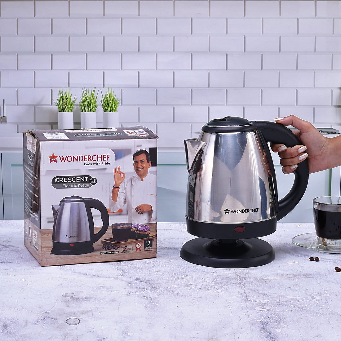 Crescent Electric Kettle | 1.5 Litres | 1350W | Stainless Steel Body | 2 years Warranty