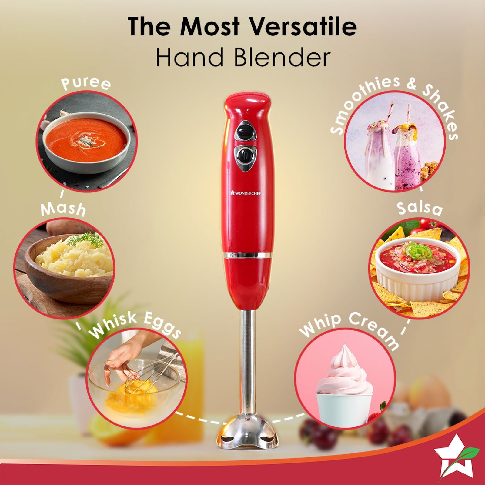 Crimson Edge 400 W Electric Hand Blender | Powerful & Silent Motor | Portable | Easy Control Grip | Hot & Cold Blending | 2 Speed Selection | Anti Rush Sharp Stainless Steel Blades | Detachable stem | 2 Years warranty | Red