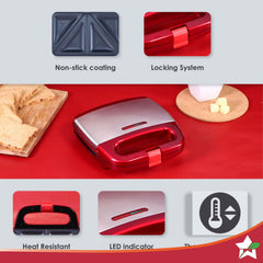 Crimson Edge Non-Stick Electric Griller, Sandwich Maker & Toaster | 750 Watt | Auto Temp, LED indicator | Cool Touch Handle, Buckle Clip Lock | Grill Sandwiches, Bread, Kebabs, Paneer, Tikkis and Quesadillas | Oil Free Toasting | 2 Year Warranty