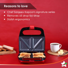 Crimson Edge Non-Stick Electric Griller, Sandwich Maker & Toaster | 750 Watt | Auto Temp, LED indicator | Cool Touch Handle, Buckle Clip Lock | Grill Sandwiches, Bread, Kebabs, Paneer, Tikkis and Quesadillas | Oil Free Toasting | 2 Year Warranty