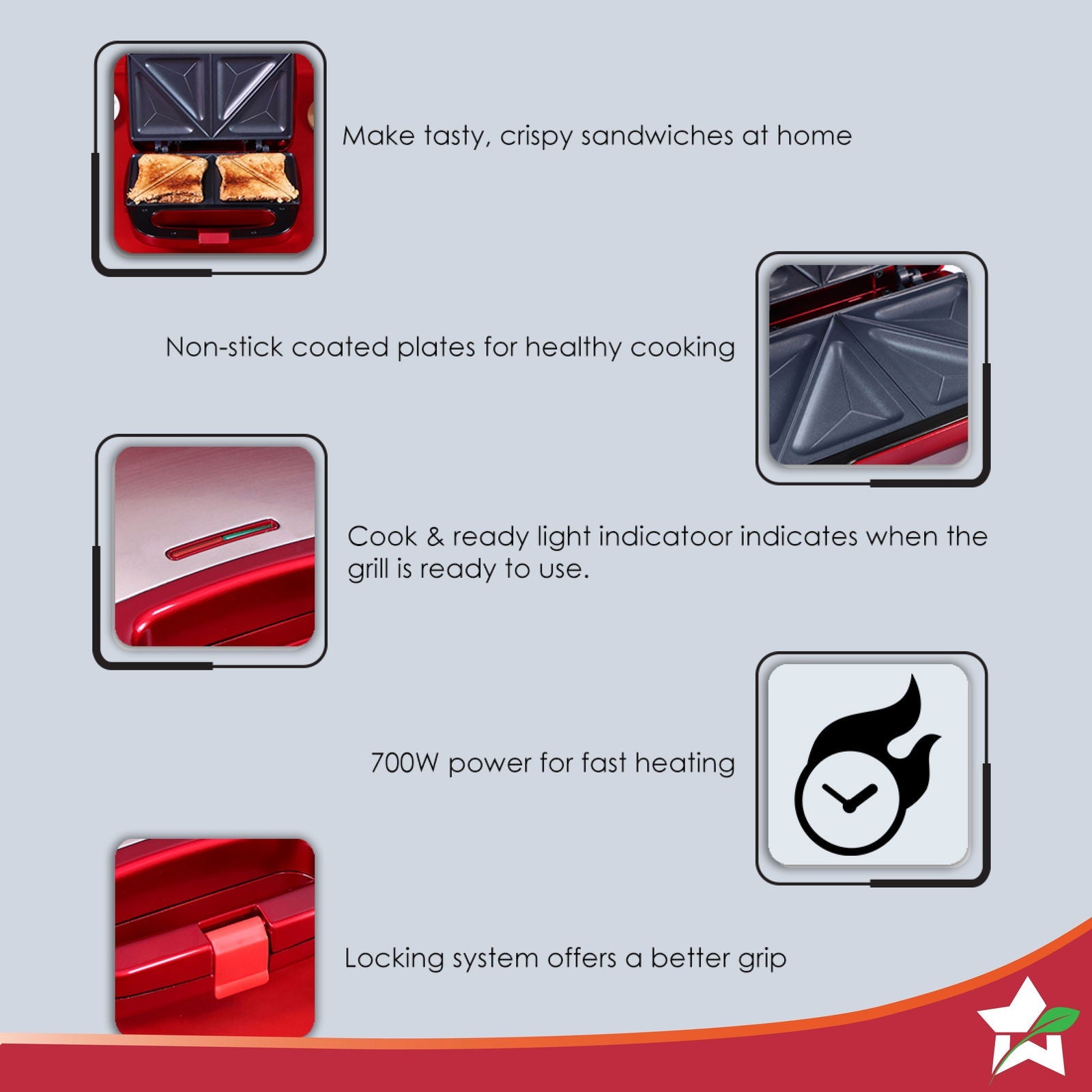 Crimson Edge Non-Stick Electric Griller, Sandwich Maker & Toaster | 750 Watt | Auto Temp, LED indicator | Cool Touch Handle, Buckle Clip Lock | Grill Sandwiches, Bread, Kebabs, Paneer, Tikkis and Quesadillas | Oil Free Toasting | 2 Year Warranty
