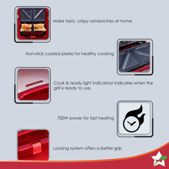 Crimson Edge Non-Stick Electric Griller, Sandwich Maker & Toaster | 750 Watt | Auto Temp, LED indicator | Cool Touch Handle, Buckle Clip Lock | Grill Sandwiches, Bread, Kebabs, Paneer, Tikkis and Quesadillas | Oil Free Toasting | 2 Year Warranty