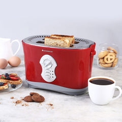 Crimson Edge Slice Toaster with Defrost, Reheat & Cancel Function | 800 Watt | 2 Bread Slice Automatic Pop-up Electric Toaster | 7- Level Browning Controls | Auto Shut Off | Mid Cycle Cancel Feature | Removable Tray | Easy to Clean | Red | 2 Year Warranty