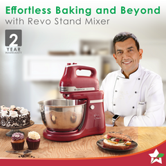 Crimson Revo Stand Mixer and Beater with 5 Speed Settings | Rotating Head Technology | 4.5L SS Bowl | 300 Watt Powerful Copper Motor | Mixing Beater, Dough Hook Attachments & Spatula | Ideal for Home Cooks & Professional Bakers | 2 Year Warranty | Red