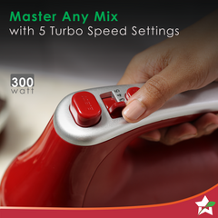 Crimson Revo Stand Mixer and Beater with 5 Speed Settings | Rotating Head Technology | 4.5L SS Bowl | 300 Watt Powerful Copper Motor | Mixing Beater, Dough Hook Attachments & Spatula | Ideal for Home Cooks & Professional Bakers | 2 Year Warranty | Red