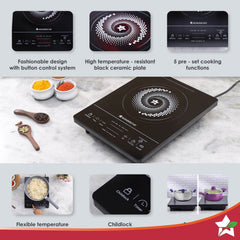 Easy Cook Hot Plate Infrared Cooktop with Feather Touch Control & Child Lock Feature | 2000 Watt | Crystal Glass Top Surface | LED Digital Panel | Smart Touch Buttons | 2 Year Warranty