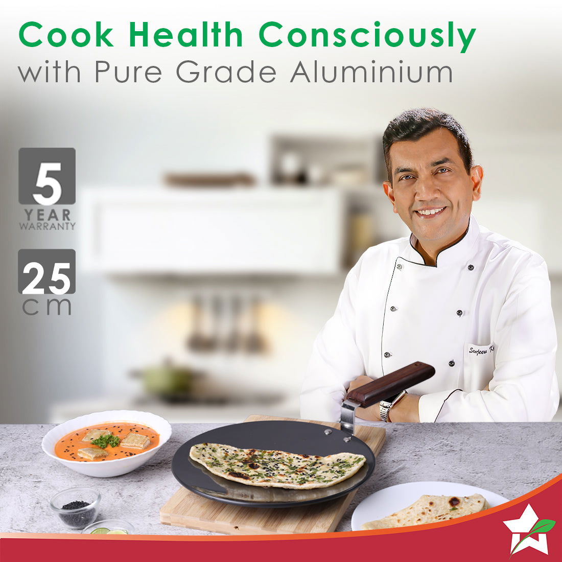 Ebony 25 cm Roti Tawa | Induction Bottom | Wooden Handle | Hard Anodized Aluminium | Non Stick Tawa| 4.06 mm | 5 Years Warranty | Black