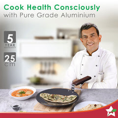 Ebony 25 cm Roti Tawa | Induction Bottom | Wooden Handle | Hard Anodized Aluminium | Non Stick Tawa| 4.06 mm | 5 Years Warranty | Black