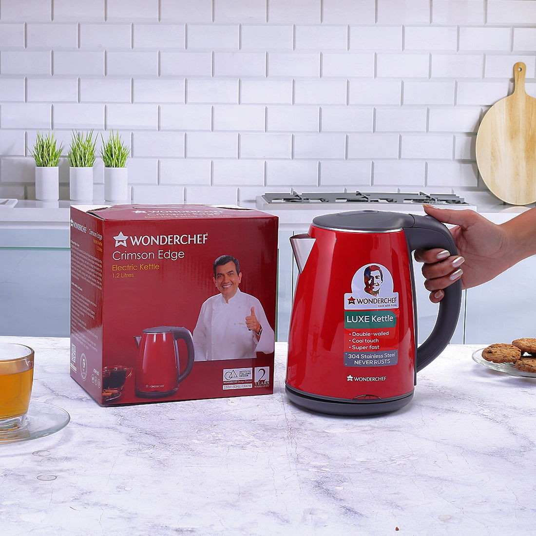 Electric Kettle Crimson Edge, 1.2 Litres, Stainless Steel Interior with Auto-shut Off, 2-level Safety, Cool Touch Plastic Exterior, 2 Years Warranty, 1500W, Red