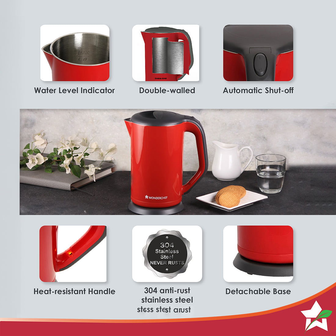 Electric Kettle Crimson Edge, 1.7 Litres, Stainless Steel, With Auto-Shut Off, 2-Level Safety, Cool-Touch, 1 Year Warranty, 1800W, Red