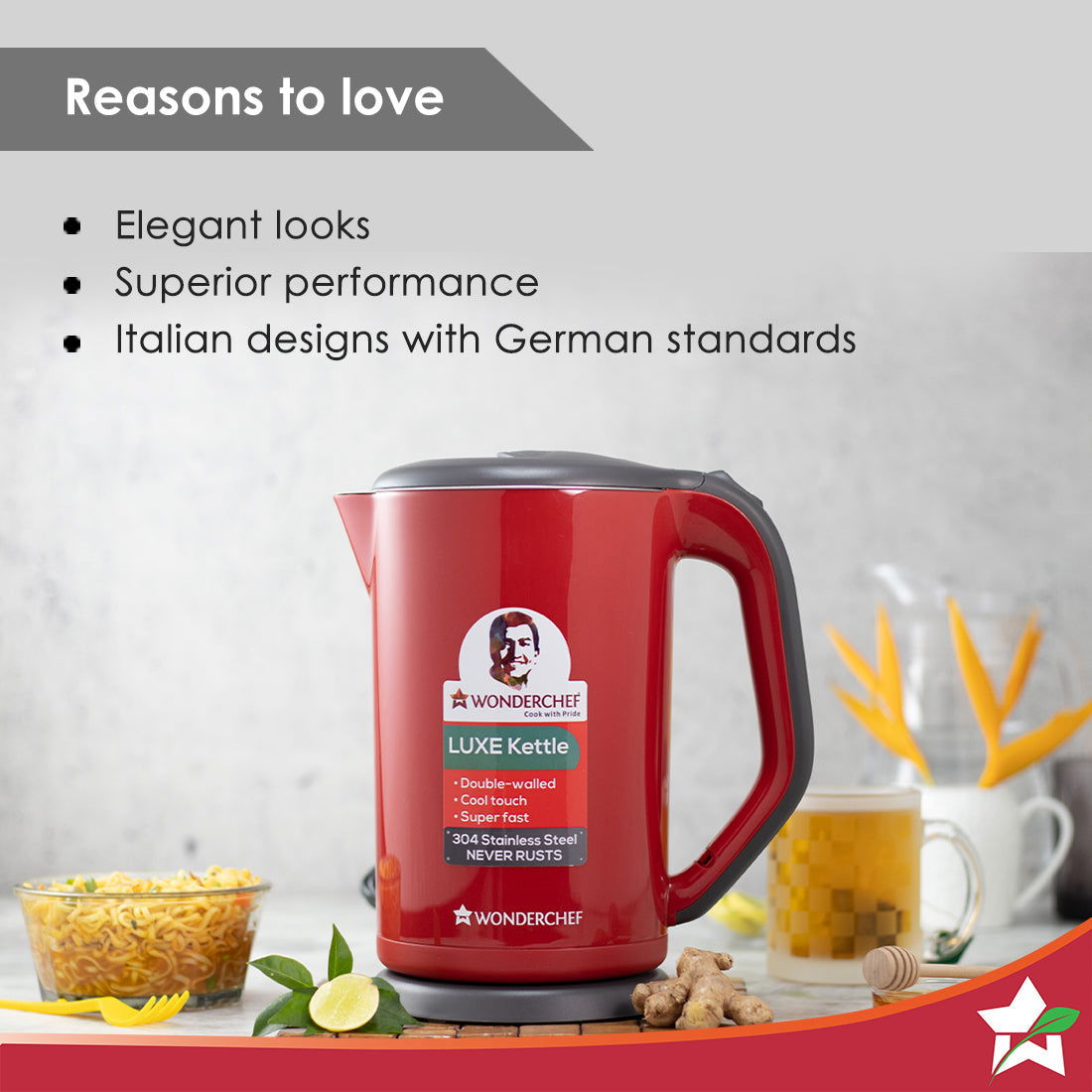 Electric Kettle Crimson Edge, 1.7 Litres, Stainless Steel, With Auto-Shut Off, 2-Level Safety, Cool-Touch, 1 Year Warranty, 1800W, Red