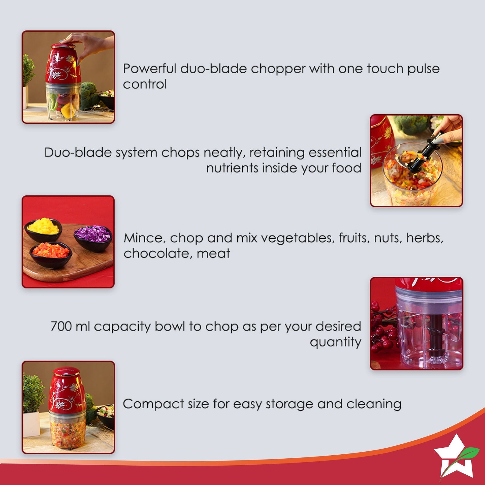 Electric Nutri-Chop Crimson Edge, Stainless Steel Blade, Vegetable and Fruits Chopper, 2 Years Warranty, 300W - Red