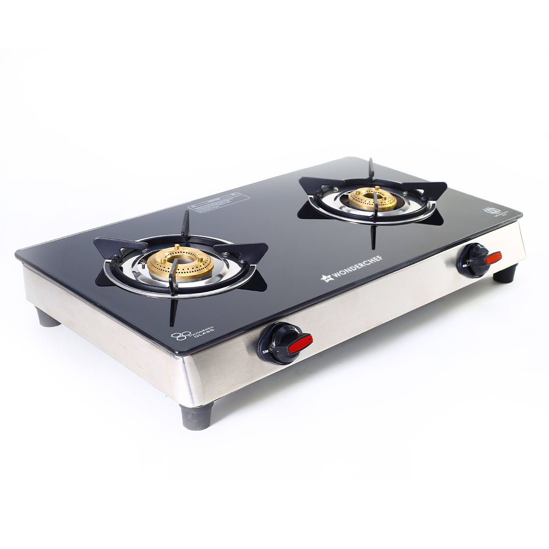 Galaxy 2 Burner Gas Stove | 1 Medium, 1 Small Wide Spaced Burners | Highly Efficient Tri-pin Brass Burners | Precise Flame Control | BIS Approved 6mm Toughened Glass Top | 2 Year Warranty