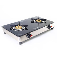 Galaxy 2 Burner Gas Stove | 1 Medium, 1 Small Wide Spaced Burners | Highly Efficient Tri-pin Brass Burners | Precise Flame Control | BIS Approved 6mm Toughened Glass Top | 2 Year Warranty