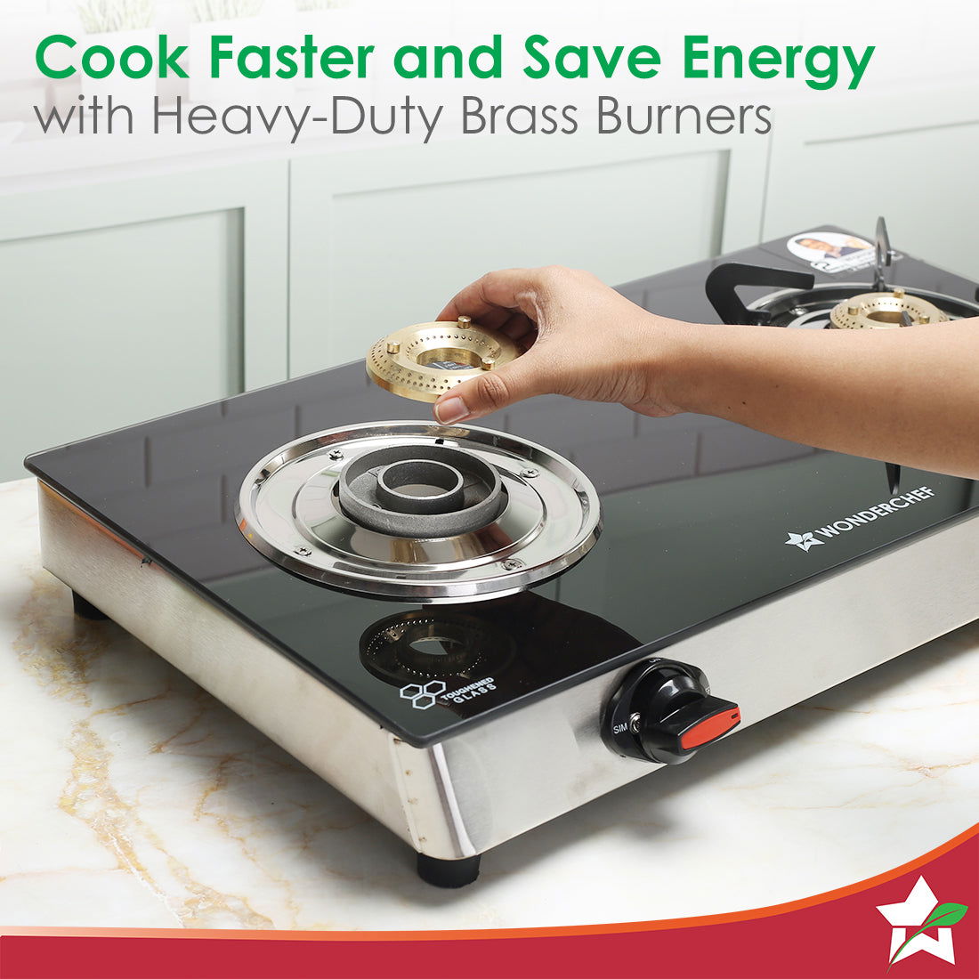 Galaxy 2 Burner Gas Stove | 1 Medium, 1 Small Wide Spaced Burners | Highly Efficient Tri-pin Brass Burners | Precise Flame Control | BIS Approved 6mm Toughened Glass Top | 2 Year Warranty