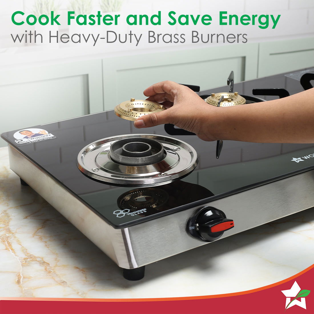 Galaxy 3 Burner Gas Stove | 2 Medium, 1 Small Wide Spaced Burners | Highly Efficient Tri-pin Brass Burners | Precise Flame Control | BIS Approved 6mm Toughened Glass Top | 2 Year Warranty
