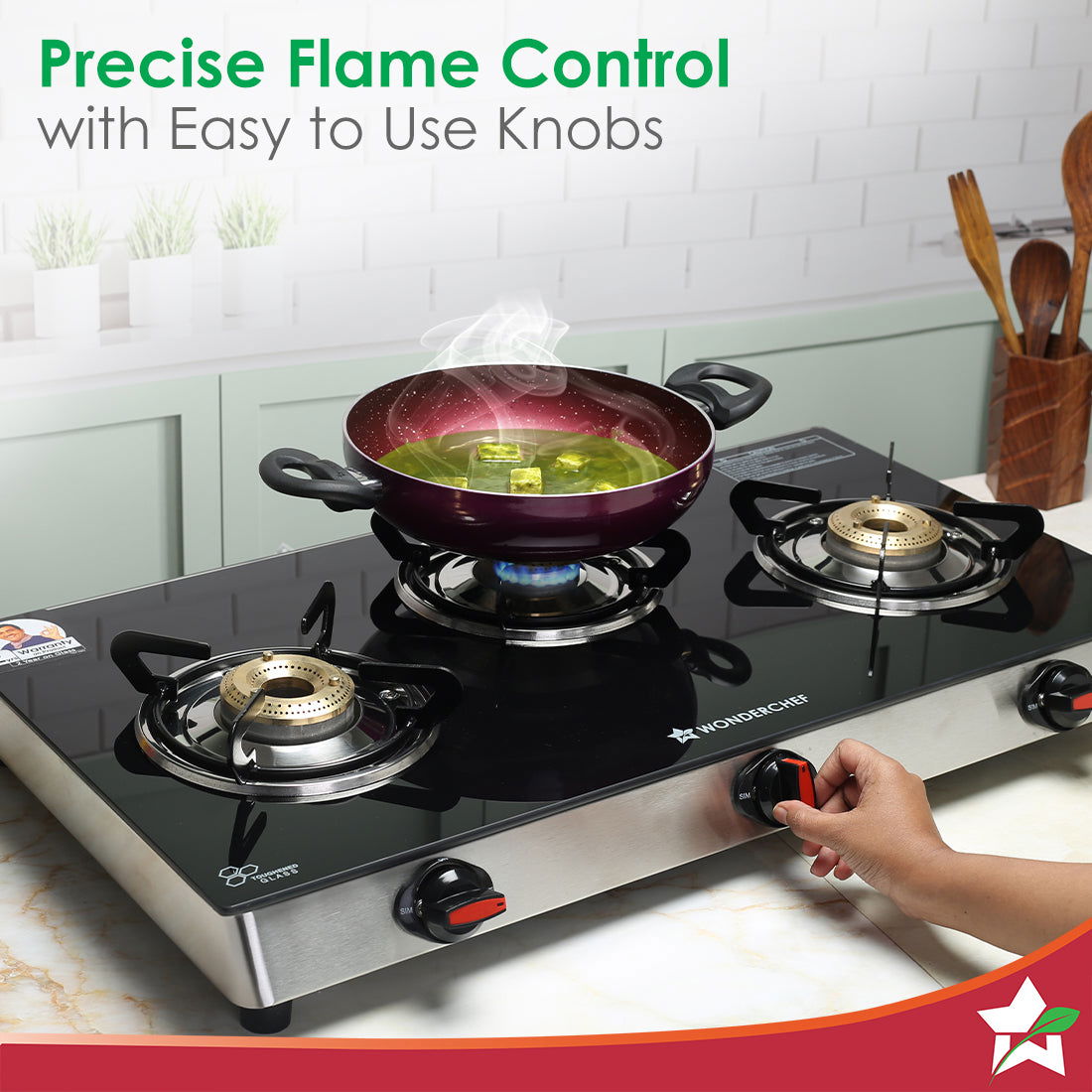 Galaxy 3 Burner Gas Stove | 2 Medium, 1 Small Wide Spaced Burners | Highly Efficient Tri-pin Brass Burners | Precise Flame Control | BIS Approved 6mm Toughened Glass Top | 2 Year Warranty