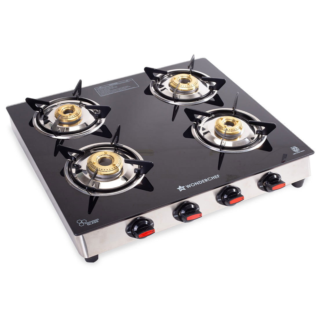 Galaxy 4 Burner Gas Stove | 2 Medium, 2 Small Wide Spaced Burners | Highly Efficient Tri-pin Brass Burners | Precise Flame Control | BIS Approved 6mm Toughened Glass Top | 2 Year Warranty