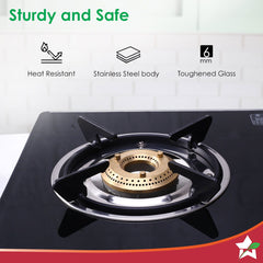 Galaxy 4 Burner Gas Stove | 2 Medium, 2 Small Wide Spaced Burners | Highly Efficient Tri-pin Brass Burners | Precise Flame Control | BIS Approved 6mm Toughened Glass Top | 2 Year Warranty