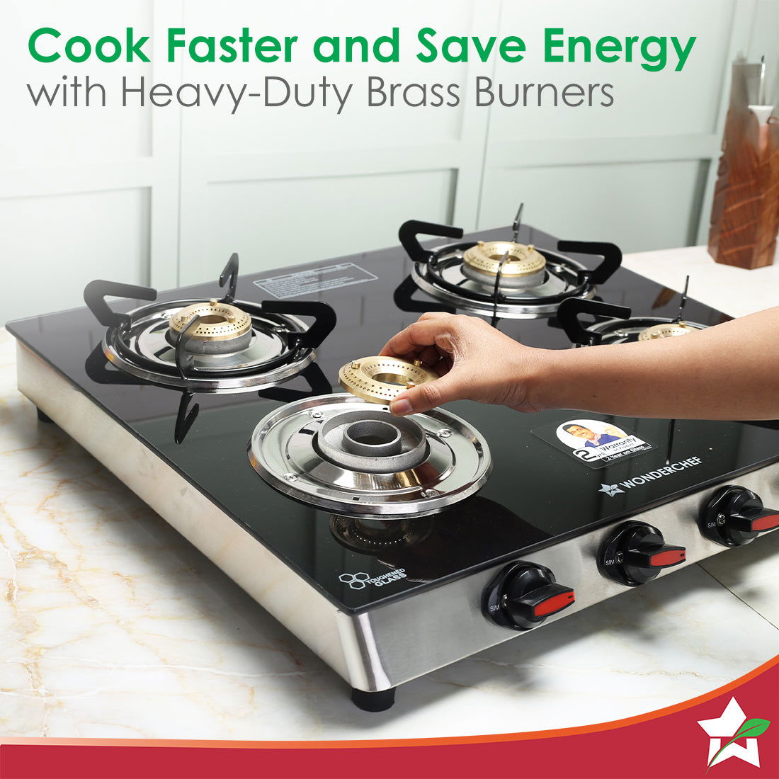 Galaxy 4 Burner Gas Stove | 2 Medium, 2 Small Wide Spaced Burners | Highly Efficient Tri-pin Brass Burners | Precise Flame Control | BIS Approved 6mm Toughened Glass Top | 2 Year Warranty