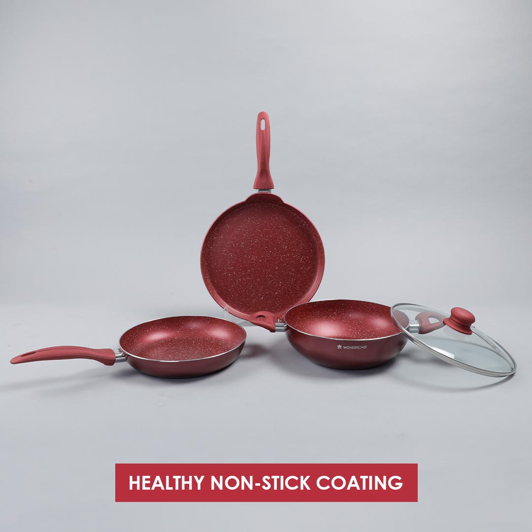 Garnet Non-Stick Cookware Set of 4 | Kadhai with Glass Lid 24cm, Fry Pan 24cm & Dosa Tawa 28cm | Induction Friendly cookware | PFOA Free | 2 Year Warranty | Red