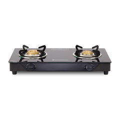 Glory 2 Burner Glass Gas Stove, Stainless Steel Drip Tray, Black Toughened Glass with 2 Year Warranty, Manual Ignition Gas Stove