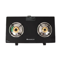 Glory 2 Burner Glass Gas Stove, Stainless Steel Drip Tray, Black Toughened Glass with 2 Year Warranty, Manual Ignition Gas Stove