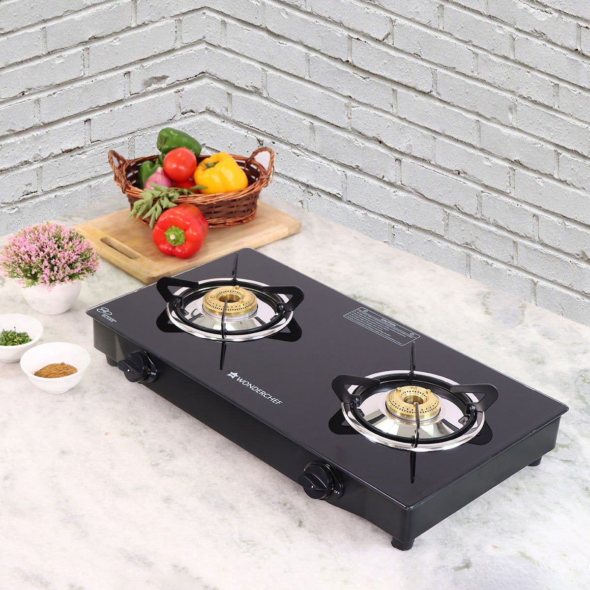 Glory 2 Burner Glass Gas Stove, Stainless Steel Drip Tray, Black Toughened Glass with 2 Year Warranty, Manual Ignition Gas Stove