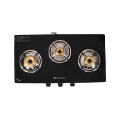 Glory 3 Burner Glass Gas Stove, Black 8mm Toughened Glass with 2 Years Warranty, Ergonomic Knobs, Stainless Steel Drip Tray, Manual Ignition Gas Stove