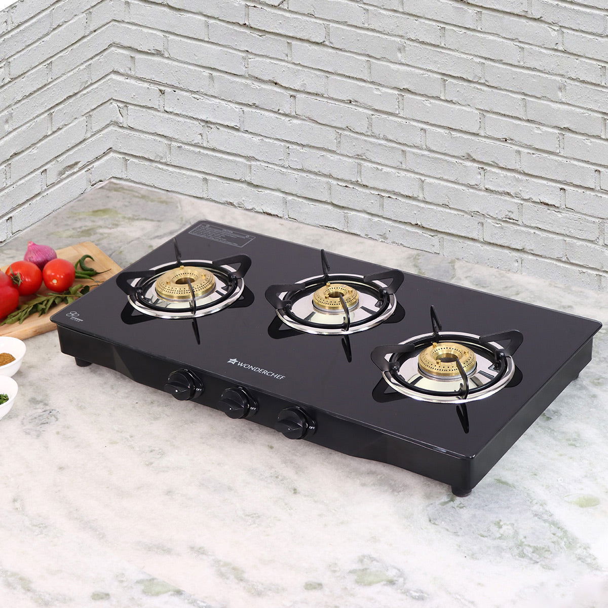 Glory 3 Burner Glass Gas Stove, Black 8mm Toughened Glass with 2 Years Warranty, Ergonomic Knobs, Stainless Steel Drip Tray, Manual Ignition Gas Stove
