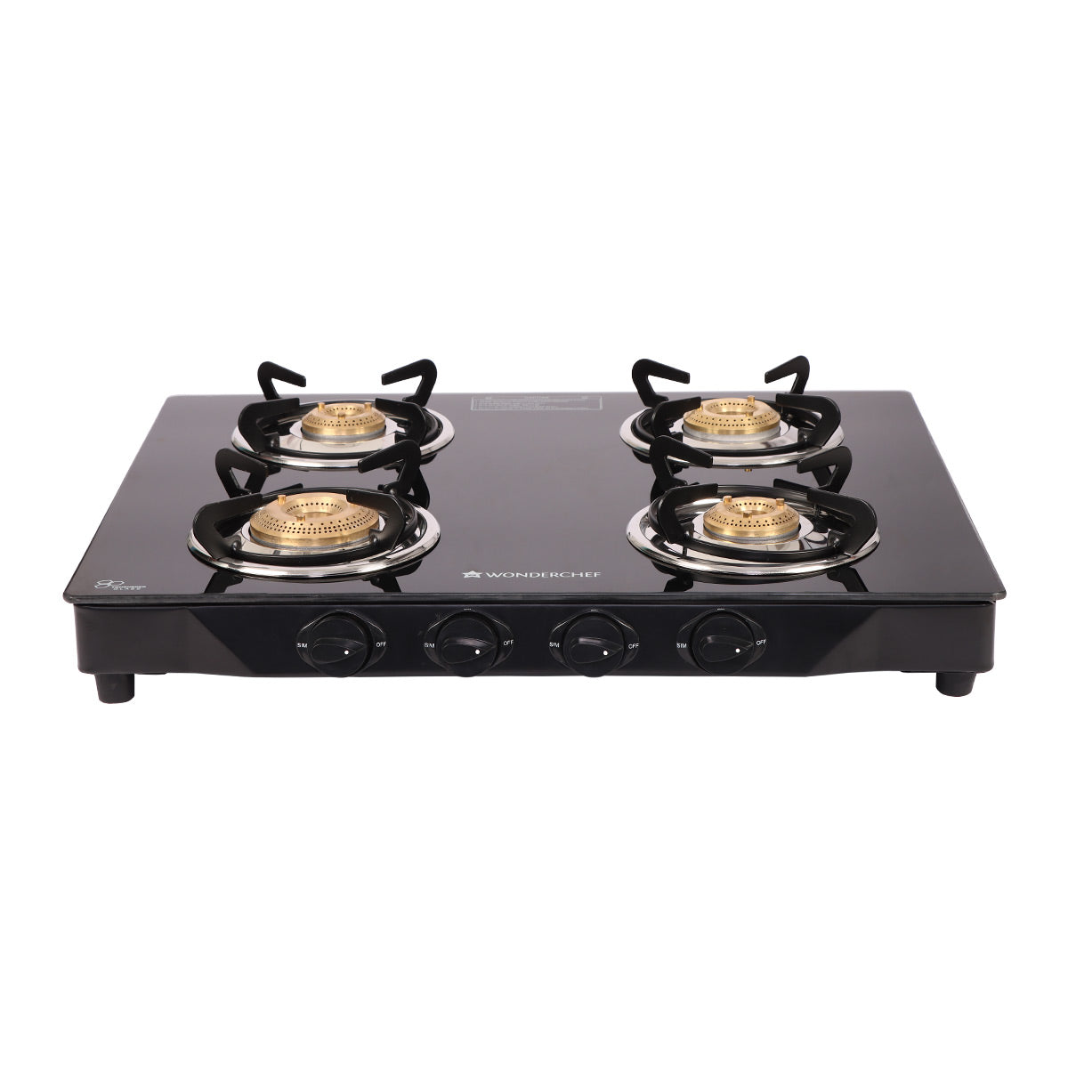 Glory 4 Burner Glass Gas Stove, Black 8mm Toughened Glass with 2 Years Warranty, Ergonomic Knobs, Stainless Steel Drip Tray, Manual Ignition Gas Stove