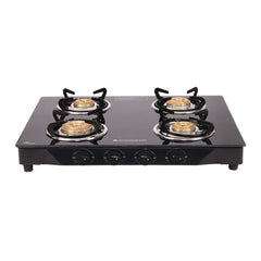Glory 4 Burner Glass Gas Stove, Black 8mm Toughened Glass with 2 Years Warranty, Ergonomic Knobs, Stainless Steel Drip Tray, Manual Ignition Gas Stove