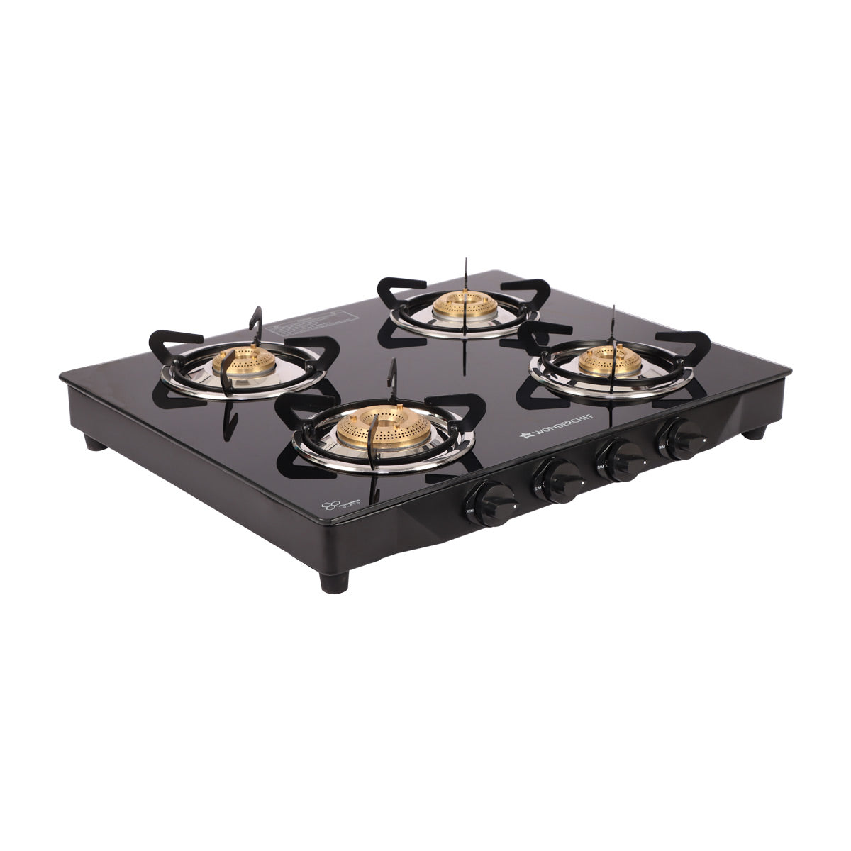 Glory 4 Burner Glass Gas Stove, Black 8mm Toughened Glass with 2 Years Warranty, Ergonomic Knobs, Stainless Steel Drip Tray, Manual Ignition Gas Stove
