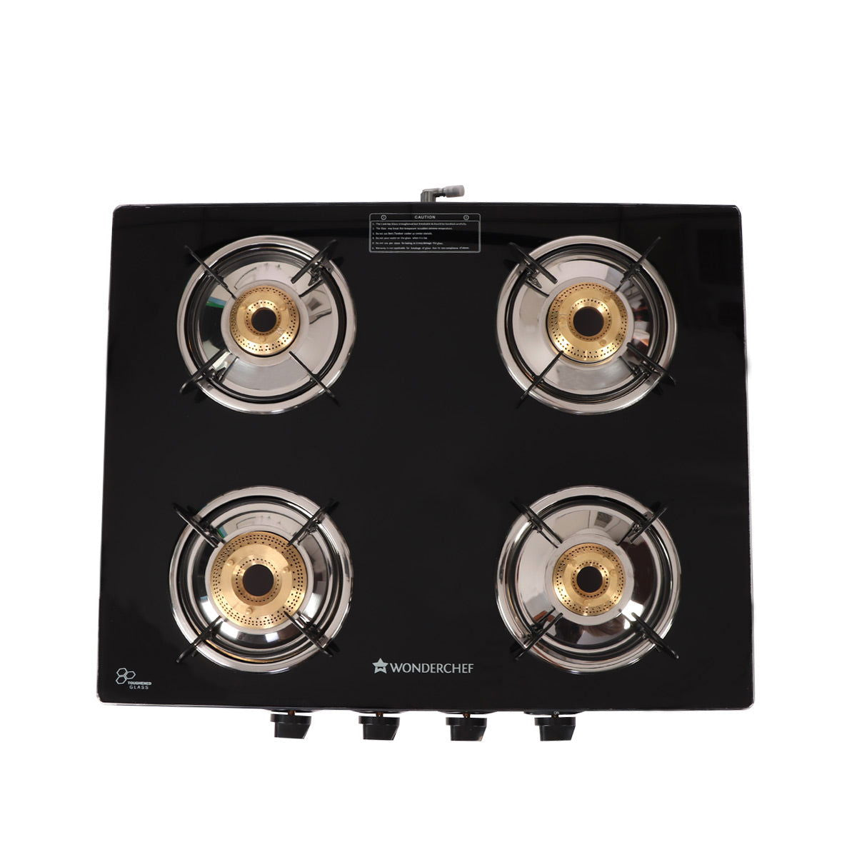 Glory 4 Burner Glass Gas Stove, Black 8mm Toughened Glass with 2 Years Warranty, Ergonomic Knobs, Stainless Steel Drip Tray, Manual Ignition Gas Stove