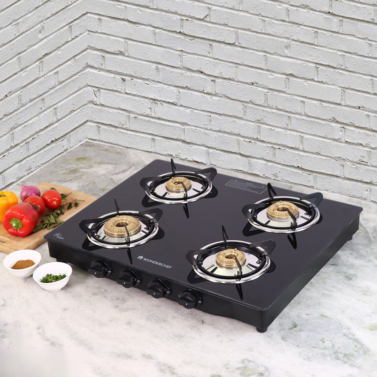 Glory 4 Burner Glass Gas Stove, Black 8mm Toughened Glass with 2 Years Warranty, Ergonomic Knobs, Stainless Steel Drip Tray, Manual Ignition Gas Stove