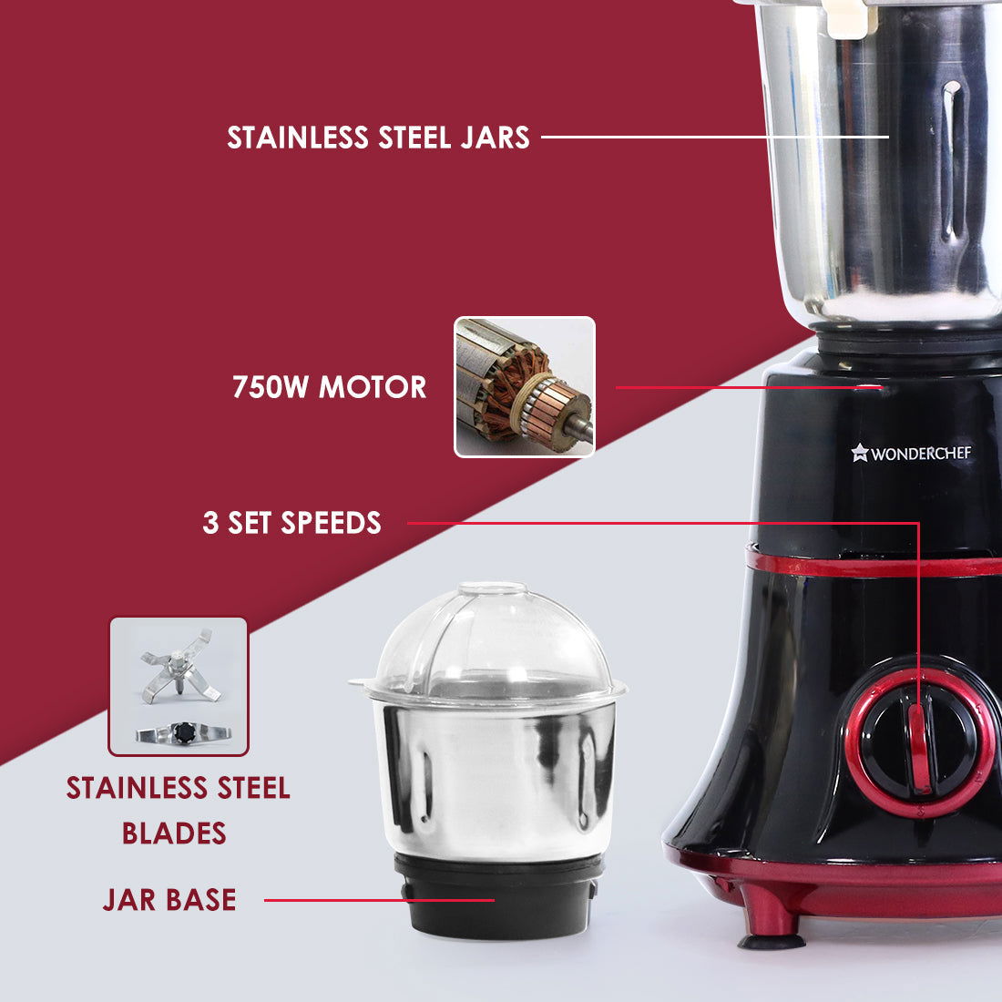 Glory Mixer Grinder, 750 W with 4 Stainless Steel Jars and Anti-rust Stainless Steel Blades, Ergonomic Handles, 5 Years Warranty on Motor