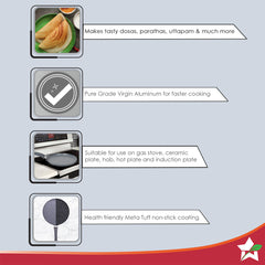 Granite 24cm Non-Stick Dosa Tawa | Induction Bottom | Soft-Touch Handles | Virgin Aluminium | PFOA/Heavy Metals Free | 3.5mm | 2 Year Warranty | Grey