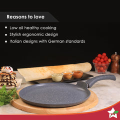 Granite 24cm Non-Stick Dosa Tawa | Induction Bottom | Soft-Touch Handles | Virgin Aluminium | PFOA/Heavy Metals Free | 3.5mm | 2 Year Warranty | Grey