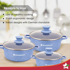 Granite Die-cast Non-stick Casserole Set, 6Pc (1150ML, 2000ML, 4500ML) With Lids, Induction Bottom, Soft Touch Handles, Pure Grade Aluminium, PFOA/Heavy Metal Free, 2 Years Warranty, Blue