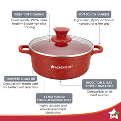 Granite Die-cast Non-stick Casserole Set, 6Pc (1150ML, 2000ML, 4500ML) With Lids, Induction Bottom, Soft Touch Handles, Pure Grade Aluminium, PFOA/Heavy Metal Free, 2 Years Warranty, Red