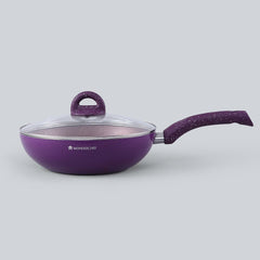 Granite Non-Stick Wok | Glass Lid | Induction Bottom | Soft-Touch Handles | Virgin Aluminium | PFOA and Heavy Metals Free | 3.5mm Thick| 24cm, 2.7 litres | 2 Year Warranty | Purple
