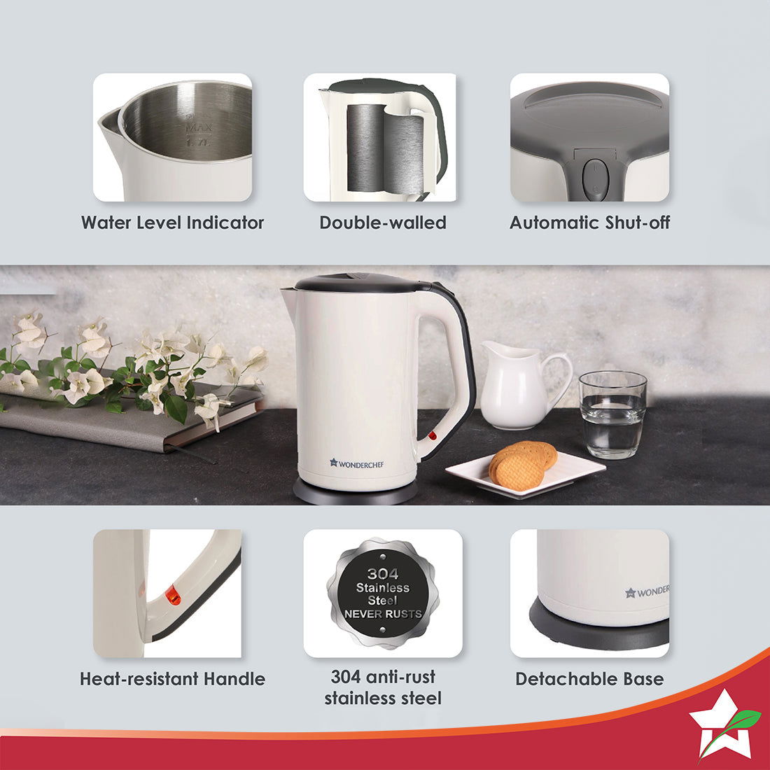 Luxe Automatic Electric Kettle, 1.7 Litres, Cool-Touch Plastic Exterior, Stainless Steel Interior, Wide Mouth, 1800W, 1 Year Warranty, Ivoy