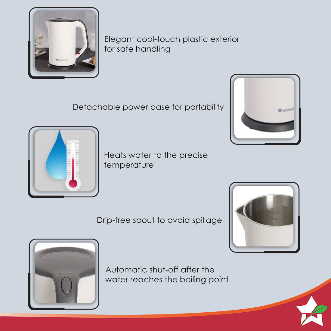 Luxe Automatic Electric Kettle, 1.7 Litres, Cool-Touch Plastic Exterior, Stainless Steel Interior, Wide Mouth, 1800W, 1 Year Warranty, Ivoy