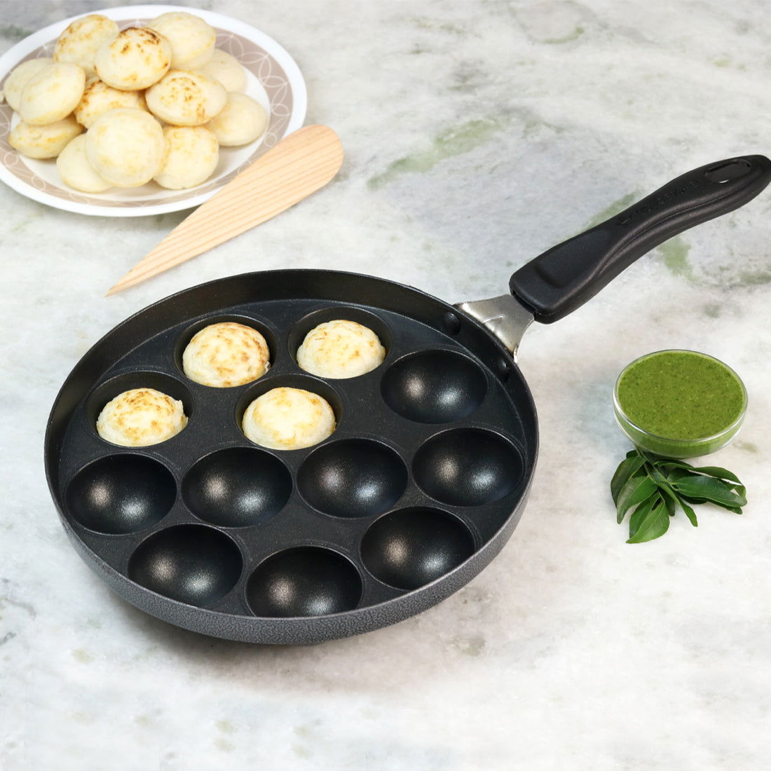 Non-Stick Appa Kara Cookware with 12 cavities | Appachetty 20cm | 1 Year Warranty | Black