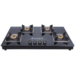 Octavia 4 Burner Glass Hob Top Manual Cooktop | 8mm Toughened Glass | Manual Ignition | Forged Brass Burners | Stainless Steel Drip Tray | Anti-Skid Legs | 2 Year Warranty | Black