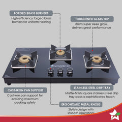 Octavia 4 Burner Glass Hob Top Manual Cooktop | 8mm Toughened Glass | Manual Ignition | Forged Brass Burners | Stainless Steel Drip Tray | Anti-Skid Legs | 2 Year Warranty | Black